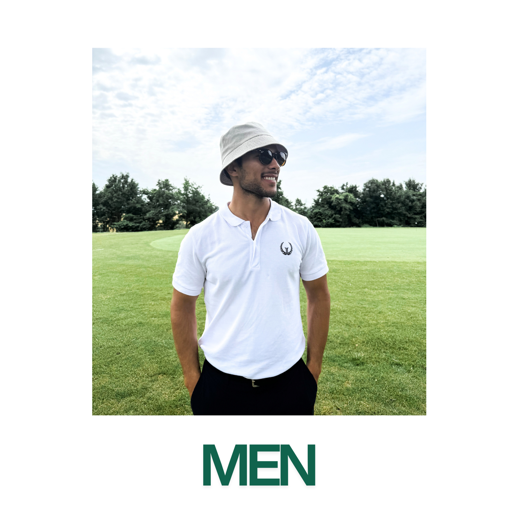 Man in a white polo shirt and bucket hat on a golf course with 'MEN' text at the bottom.