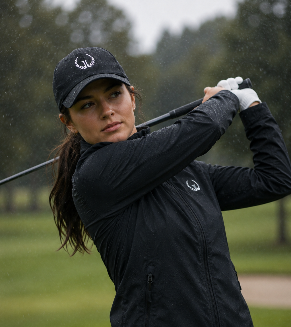 Woman in black jacket and cap swinging a golf club on a golf course